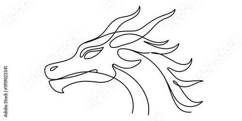 Minimalist line art illustration of a mythical dragon head with flowing mane and sharp features.