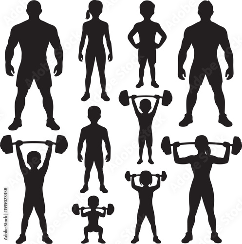 Silhouettes of people exercising with dumbbells and weights