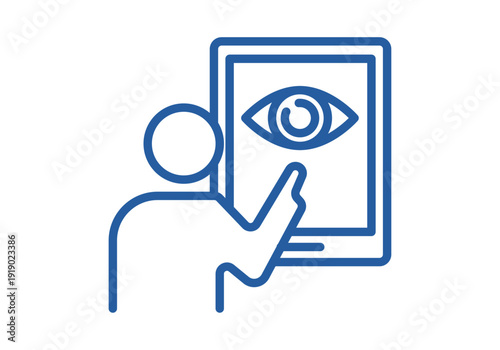 Icono de persona interactuando con una pantalla táctil que muestra un ojo de seguridad o reconocimiento biométrico