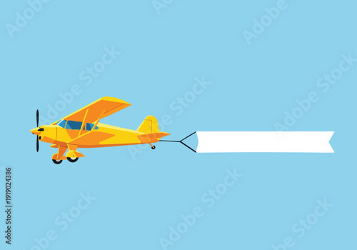 Yellow biplane towing blank banner. Advertising airplane. Flat vector illustration. Sky background. Message display.