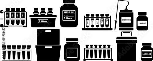 Vector set of laboratory test tubes, specimen jars, labeled bottles and storage containers. Black silhouette icons for medical, chemical and research laboratory use.