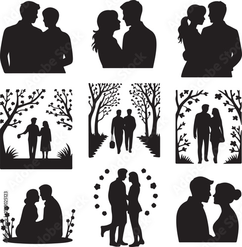 black silhouette couples and people in various romantic poses and settings