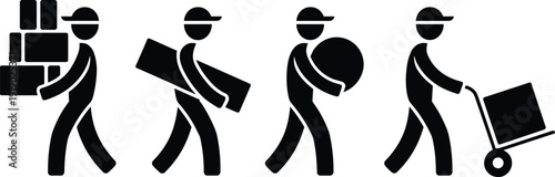 Delivery workers silhouettes carrying boxes, logistics personnel illustration, warehouse material handling, moving service activity, manual labor sequence, transportation teamwork