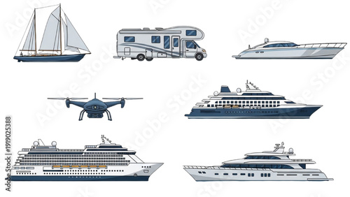 Detailed vehicle autocad blueprint of various watercraft and vehicles displayed together from an aerial viewpoint