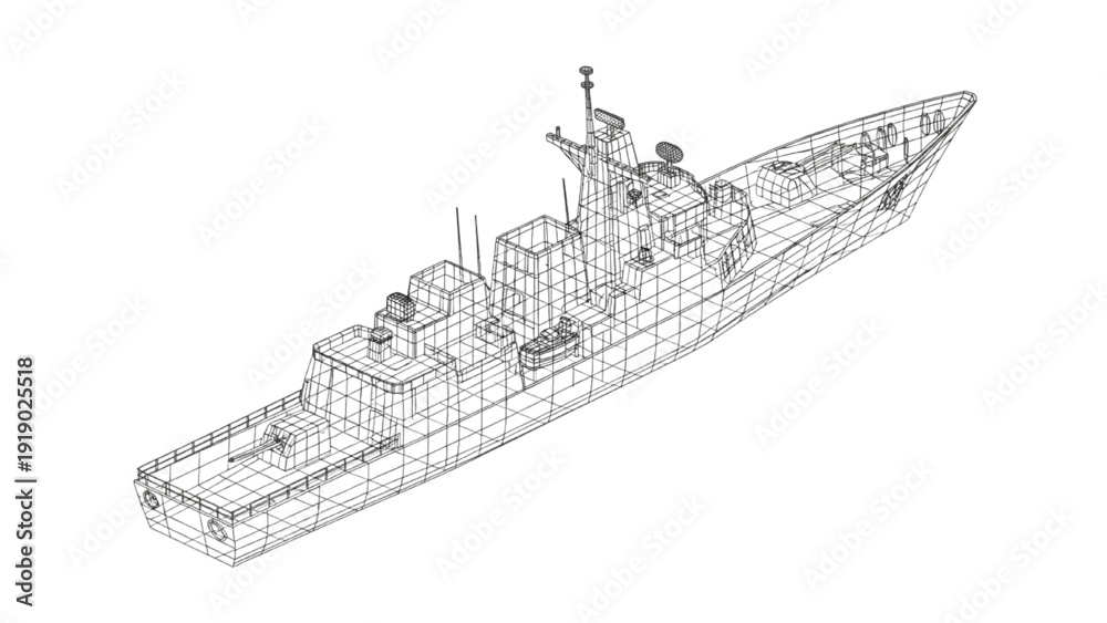 Klistermärke Detailed vehicle autocad blueprint of a warship visualized in a 3D wireframe mod
