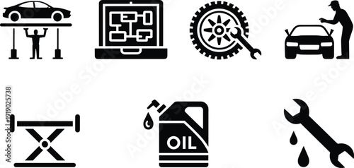 Silhouette automotive repair icons with car lift, mechanic, laptop diagnostics, wrench gear, oil container, scissor lift illustration