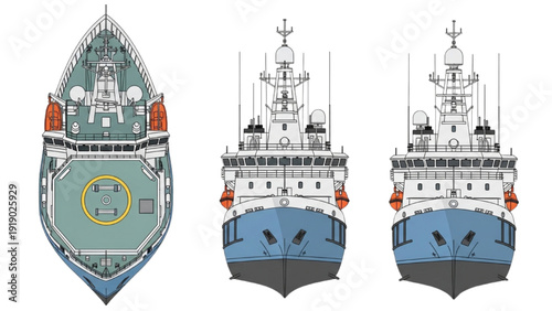 Detailed vehicle autocad blueprint of a naval ship illustrated from multiple viewpoints