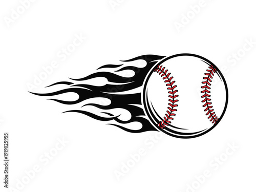 Speeding baseball with black flames, isolated on white background, vector illustration for sports and gaming design.