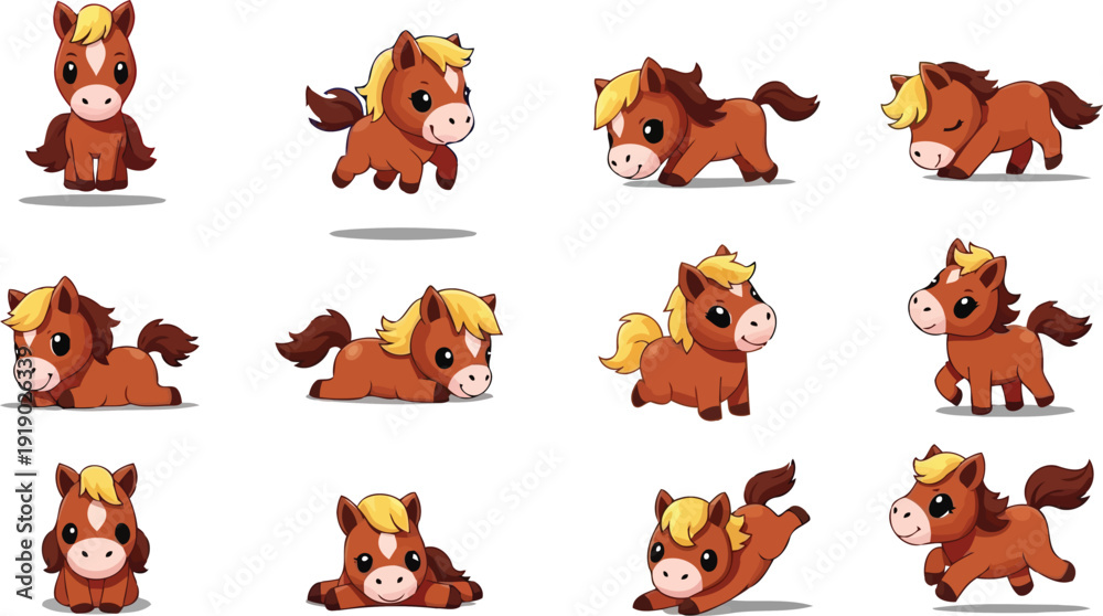 Αυτοκόλλητο Cute cartoon brown pony mascot character set in playful poses