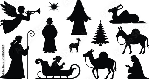 Silhouette Nativity Christmas scene with angel, star, shepherd, animals, tree, camel, donkey, prayer figures, festive religious illustration