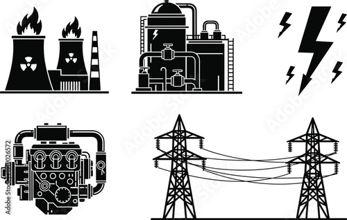 Silhouette power generation icons with nuclear plant, thermal facility, electricity bolt, generator, transmission towers, energy system illustration