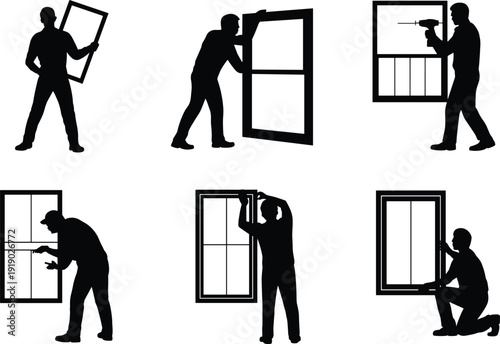 Silhouette window installation workers step-by-step process, frame positioning, drilling, sealing, alignment inspection, construction activity illustration, black and white design