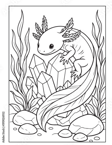 Adorable axolotl with sparkling crystals and underwater plants coloring page