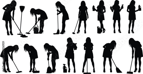 Silhouettes of person cleaning activities, vacuum sweeping mopping poses, household chore illustration, sanitation design, hygiene service sequence, domestic labor artwork