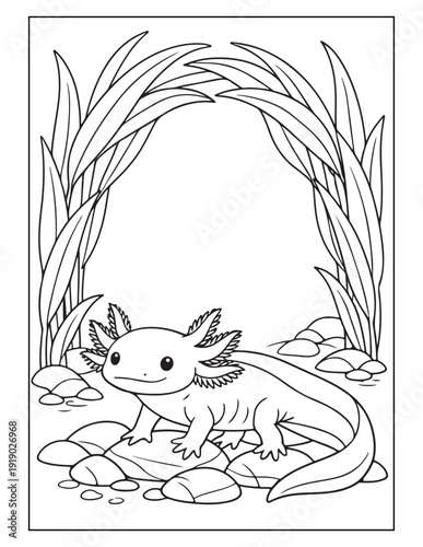 Cute axolotl amphibian underwater scene coloring page for kids and adults
