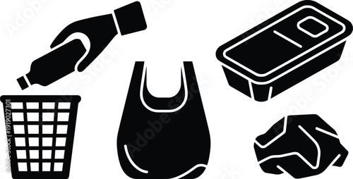 Waste disposal silhouettes recycling icons, trash bin illustration, plastic bag symbol, food container graphic, crumpled paper design, sanitation activity artwork