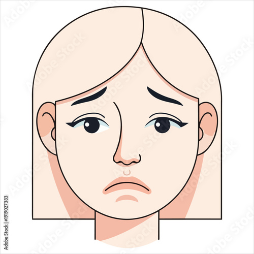 Illustration of a woman's face with a frowning expression viewed from the front in a minimalist style