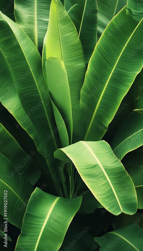 Obraz premium Vibrant Green Banana Leaves in Lush Foliage Creating a Tropical Paradise for Nature Inspired Designs