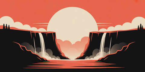 Papier peint photo Corail Minimalist flat vector landscape of waterfalls and river at sunrise  © SidArtic