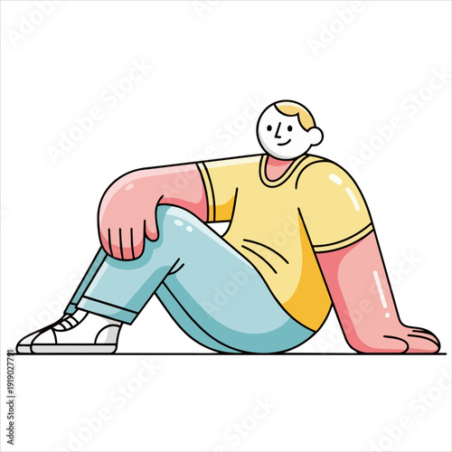 A relaxed person sitting on the floor with a calm expression and casual attire.