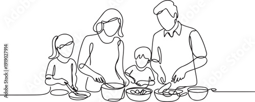 Continuous one line drawing happy family mom, dad, little daughter and son are cooking food in kitchen together, kitchenware, crockery, house, home. one line Icon drawing