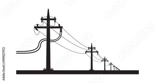 Concept of electric power transmission illustrated with high voltage wires and a series of black electric poles, presented in a clean flat design.

