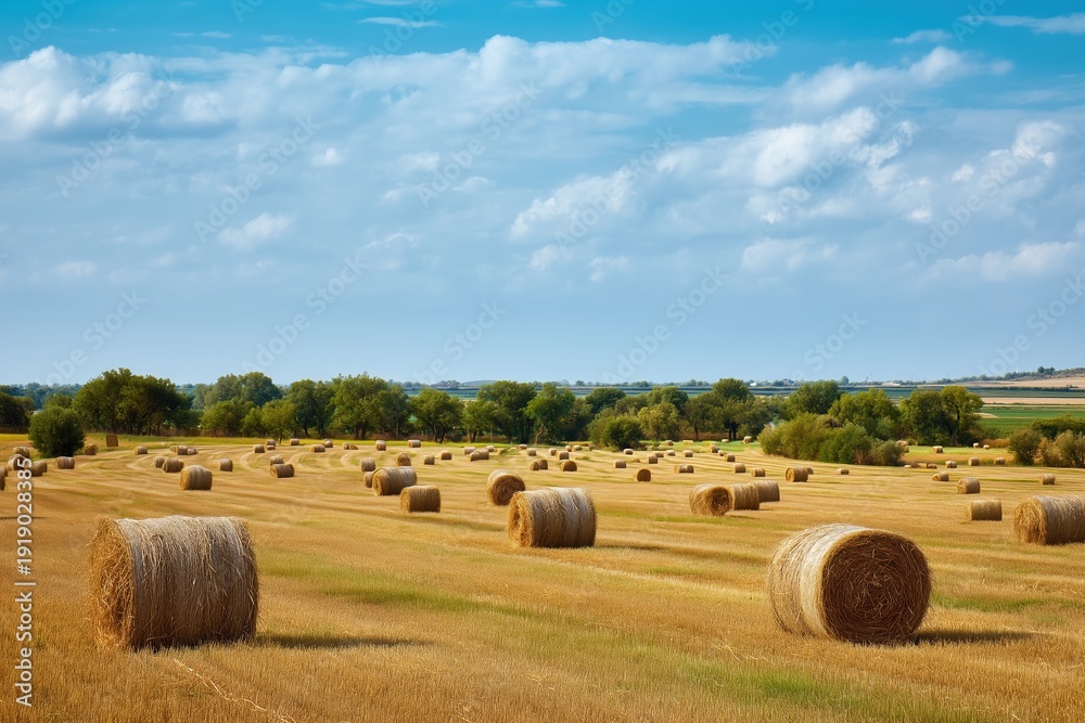 Fototapeta premium Panorama of a field with many mown hay bales.