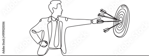 Continuous one line drawing businessman hand throwing away broken arrow target board. Changing the mindset about the life goals. More directed and focused. one line Icon drawing