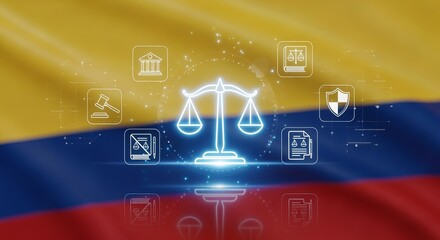 Law and Justice Integration in Colombia Scales of Justice and Government Icons over Waving Flag