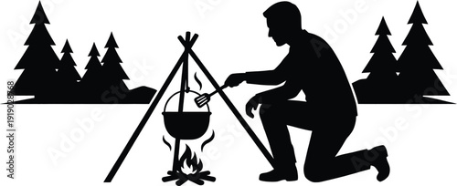 Silhouette Person cooking outdoors over a campfire in forest setting