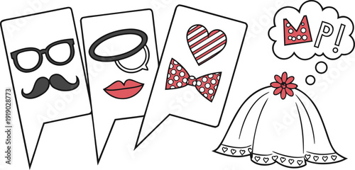 Fun wedding photo booth props illustration featuring speech bubbles with glasses, mustache, lips, and bowties.
