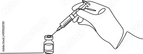 Continuous one line drawing blue gloved hand filling a syringe from a vaccine vial. Measuring the best dose. Curing viruses. National Safety Dose Day. one line Icon drawing