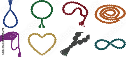 Prayer beads icons set on white for spiritual design.