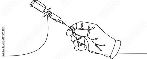 Continuous one line drawing blue gloved hand filling a syringe from a vaccine vial. Measuring the best dose. Curing viruses. National Safety Dose Day. one line Icon drawing