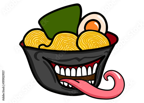 Scary Laughing Ramen Noodle Bowl Monster with tongue sticking out for Halloween event