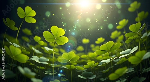 Green clover plants with sunlight and bokeh