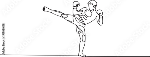 One continuous line drawing of young sporty man kickboxer athlete training powerful kick stance at gym center. Combative kickboxing sport concept. one line Icon drawing