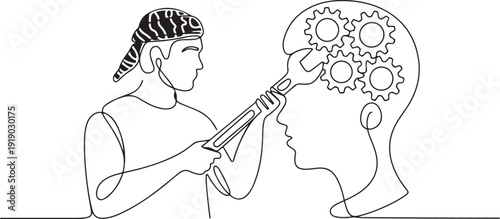 Single line drawing of young handsome Arabian man in red headscarf repairing brain gears with big wrench, ideal for an industry concept. one line Icon drawing