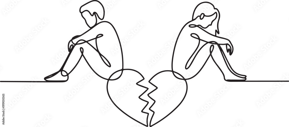 Fototapeta premium Single continuous line drawing relationship break up, broken heart, couple facing opposite direction. Couple sitting on big broken heart shape. one line Icon drawing