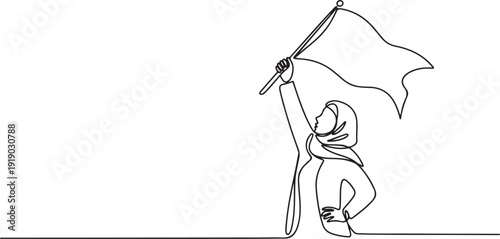 Single one line drawing of young Arab business woman holding winning flag. Business achievement goal. Minimal metaphor concept. one line Icon drawing