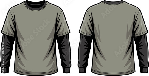 Layered Long Sleeve Under Short Sleeve Streetwear T Shirt Flat CAD Drawing Front Back Fashion Apparel Vector Template
