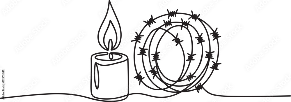 Φωτογραφία Single continuous line drawing a burning candle behind which is a roll of barbed wire