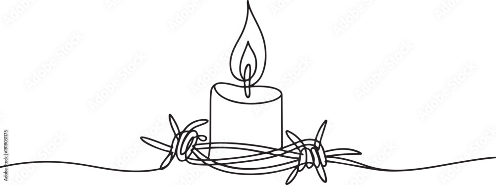 Φωτογραφία Single continuous line drawing a burning candle behind which is a roll of barbed wire
