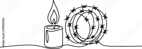 Single continuous line drawing a burning candle behind which is a roll of barbed wire. An organization cares deeply about human rights. Amnesty International Day. one line Icon drawing