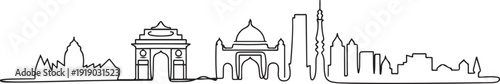 Single continuous line drawing of Delhi skyline, India. Famous city scraper landscape home wall decor art poster print. World travel concept. one line Icon drawing