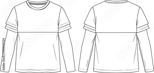 Women layered sleeve mixed length top flat CAD fashion template front and back apparel technical outline illustration design