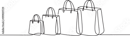 Single continuous line drawing four shopping bags in different sizes and colors. Buying in bulk. Getting good treatment from shop owner. World Consumer Rights Day. one line Icon drawing