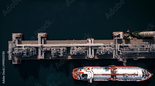 Aerial view of a port with ships, docks, and complex piping structures extending over the dark water. Shows a vessel at berth