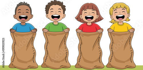 Happy Kids Sack Race Outdoor Sports Game Illustration