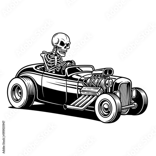 Skeleton Driving a Classic Hot Rod Car.